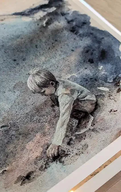 Kunsttykk med havmotiv av Kristiane Eikeland. Detalj fra kunstverk.