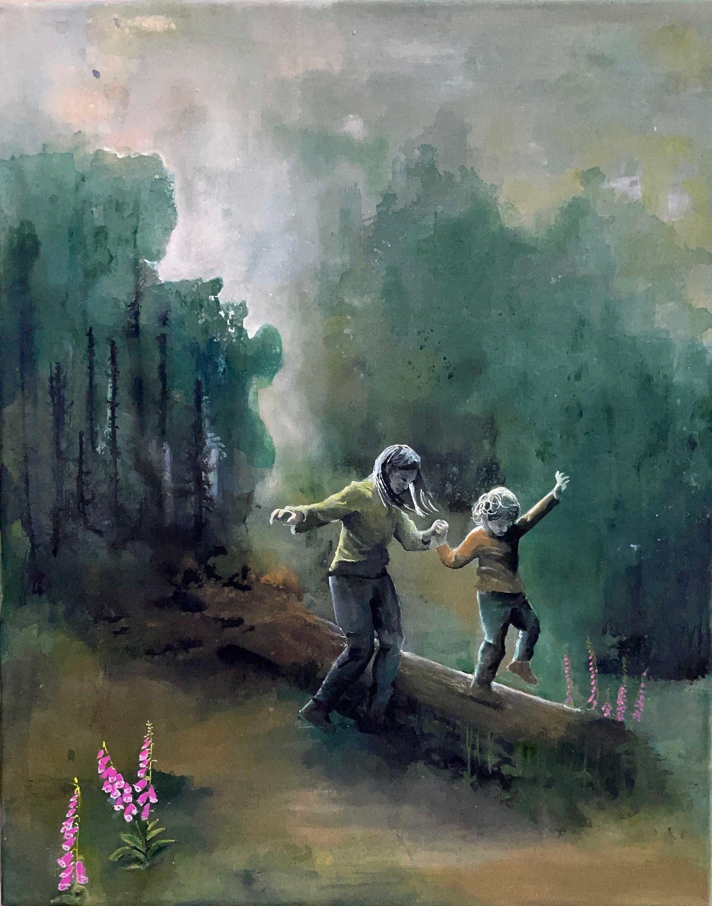 Nostalgisk kunstverk i grønntoner. Motiv: eventyrskog med barn og voksne som leker. Inspirert av arne næss og dypøkologien.