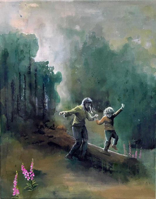 Nostalgisk kunstverk i grønntoner. Motiv: eventyrskog med barn og voksne som leker. Inspirert av arne næss og dypøkologien.