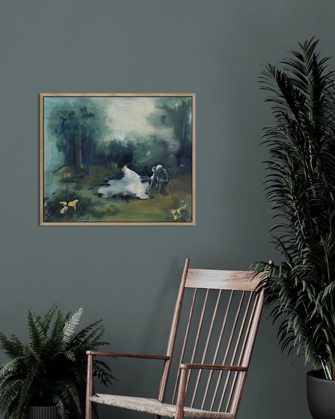Nostalgisk kunstverk i grønntoner. Motiv: eventyrskog med barn og voksne som leker. Inspirert av arne næss og dypøkologien.