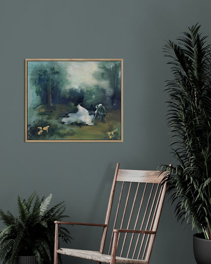 Nostalgisk kunstverk i grønntoner. Motiv: eventyrskog med barn og voksne som leker. Inspirert av arne næss og dypøkologien.