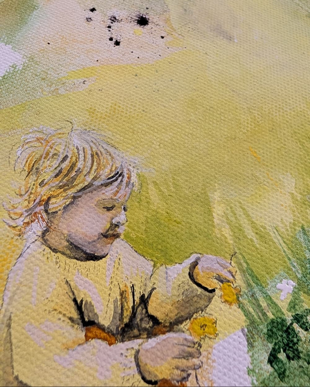 Detalj fra vårlig maleri av ban som plukker blomster