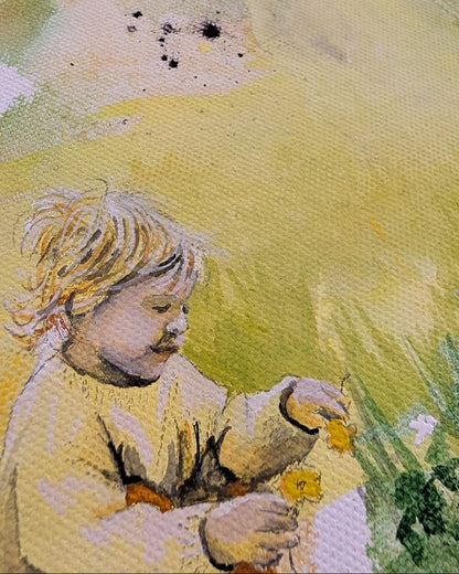 Detalj fra vårlig maleri av ban som plukker blomster