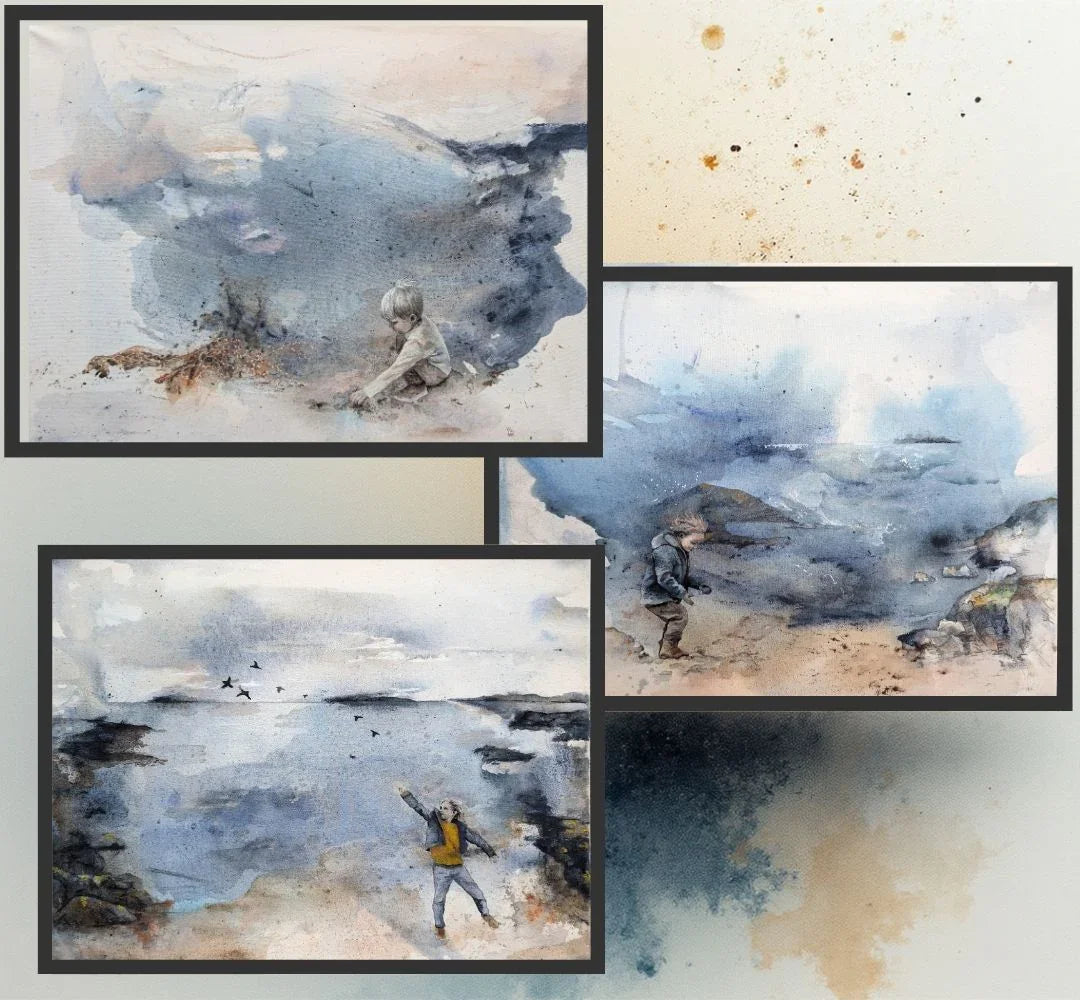 Kunsttykk med havmotiv av Kristiane Eikeland. Kunstverk i blåtoner i samlepakke.