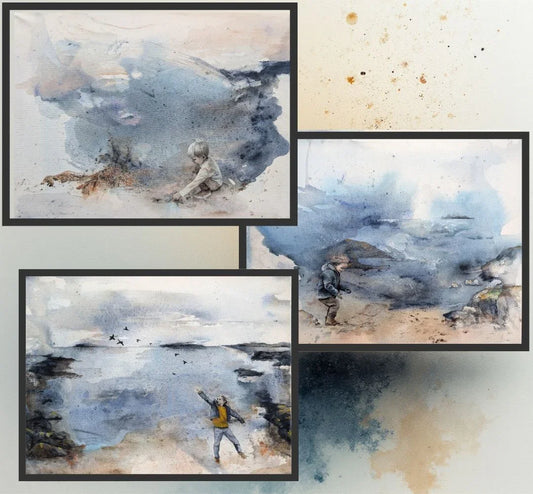 Kunsttykk med havmotiv av Kristiane Eikeland. Kunstverk i blåtoner i samlepakke.