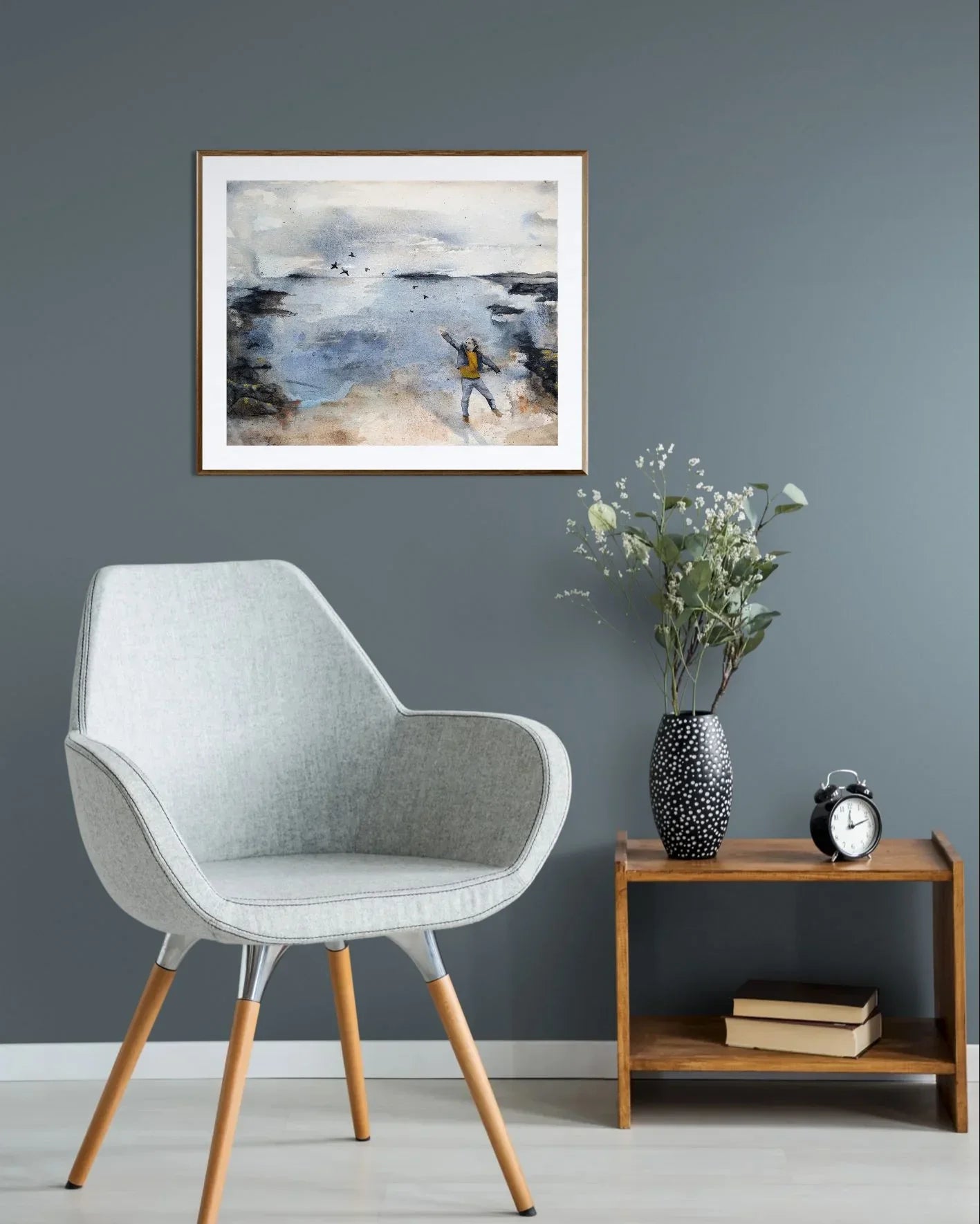 semi abstrakt maleri av gutt ved havet
