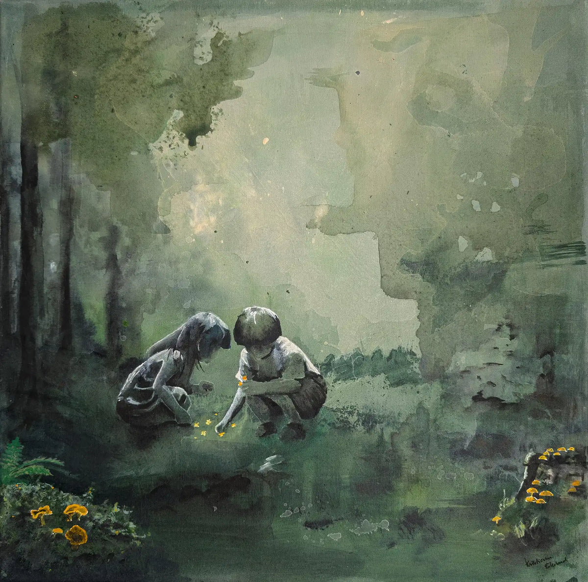 Kunsttrykk i semi abstrakt og figurativ stil. Eventyrskog med barn.