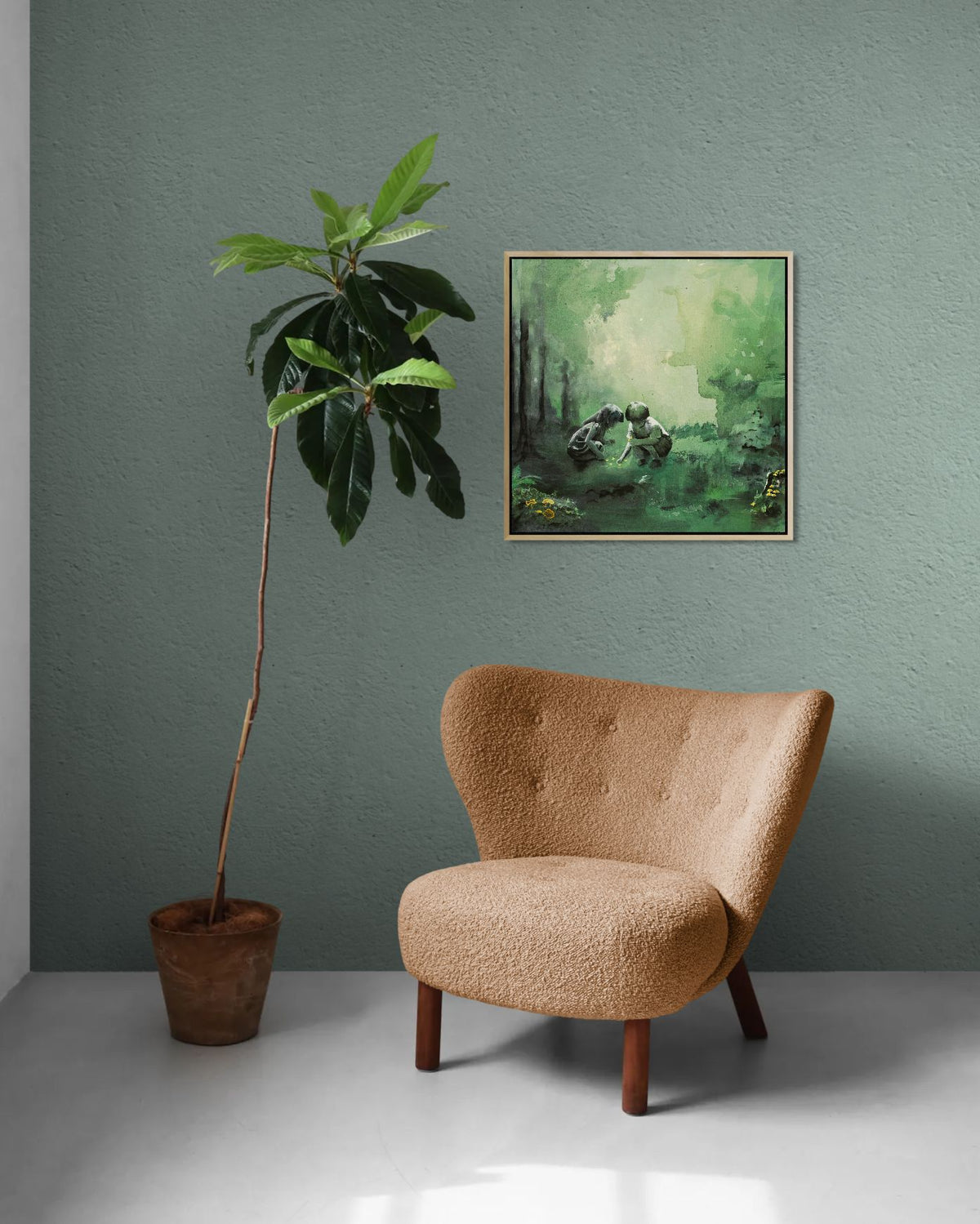 Nostalgisk kunstverk i grønntoner. Motiv: eventyrskog med barn som leker. 