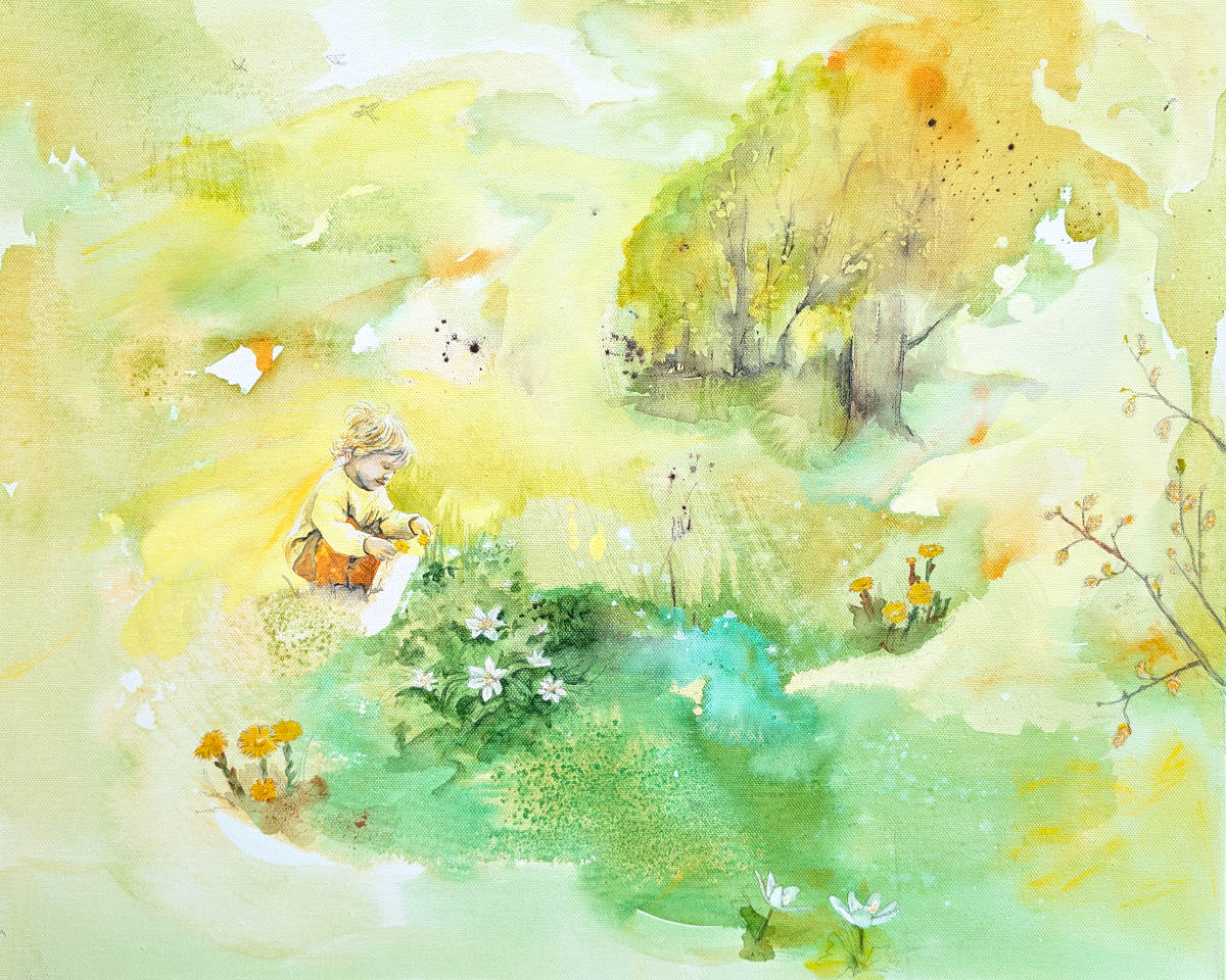 Vårlig maleri i gult og grønt av barn som plukker blomster