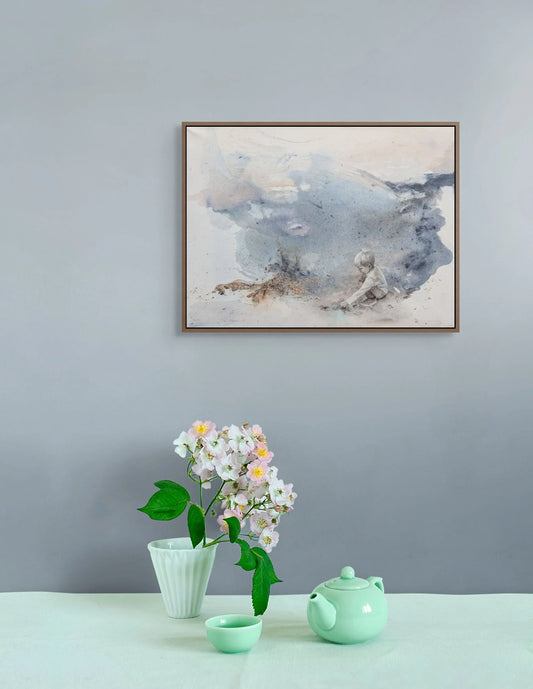 Kunsttykk med havmotiv av Kristiane Eikeland. Kunstverk i blåtoner i miljø.