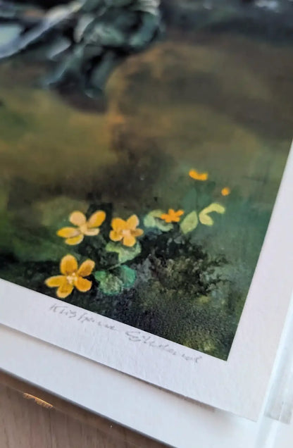 Kunsttrykk med skogsmotiv av Kristiane Eikeland. Detalj fra kunstverk.