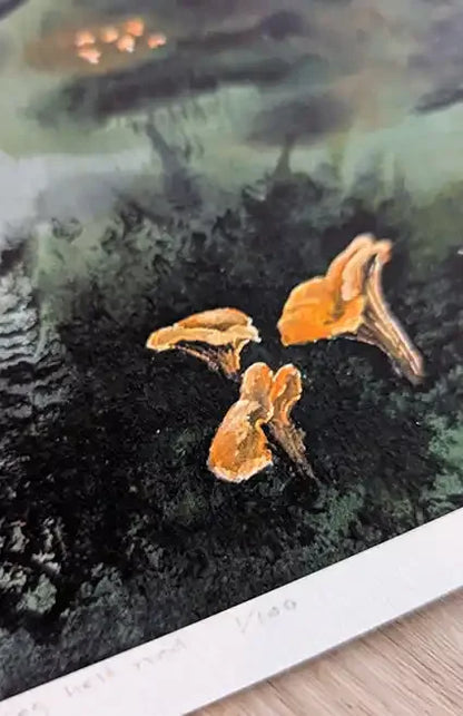 Kunsttrykk med skogsmotiv av Kristiane Eikeland. Detalj fra kunstverk.