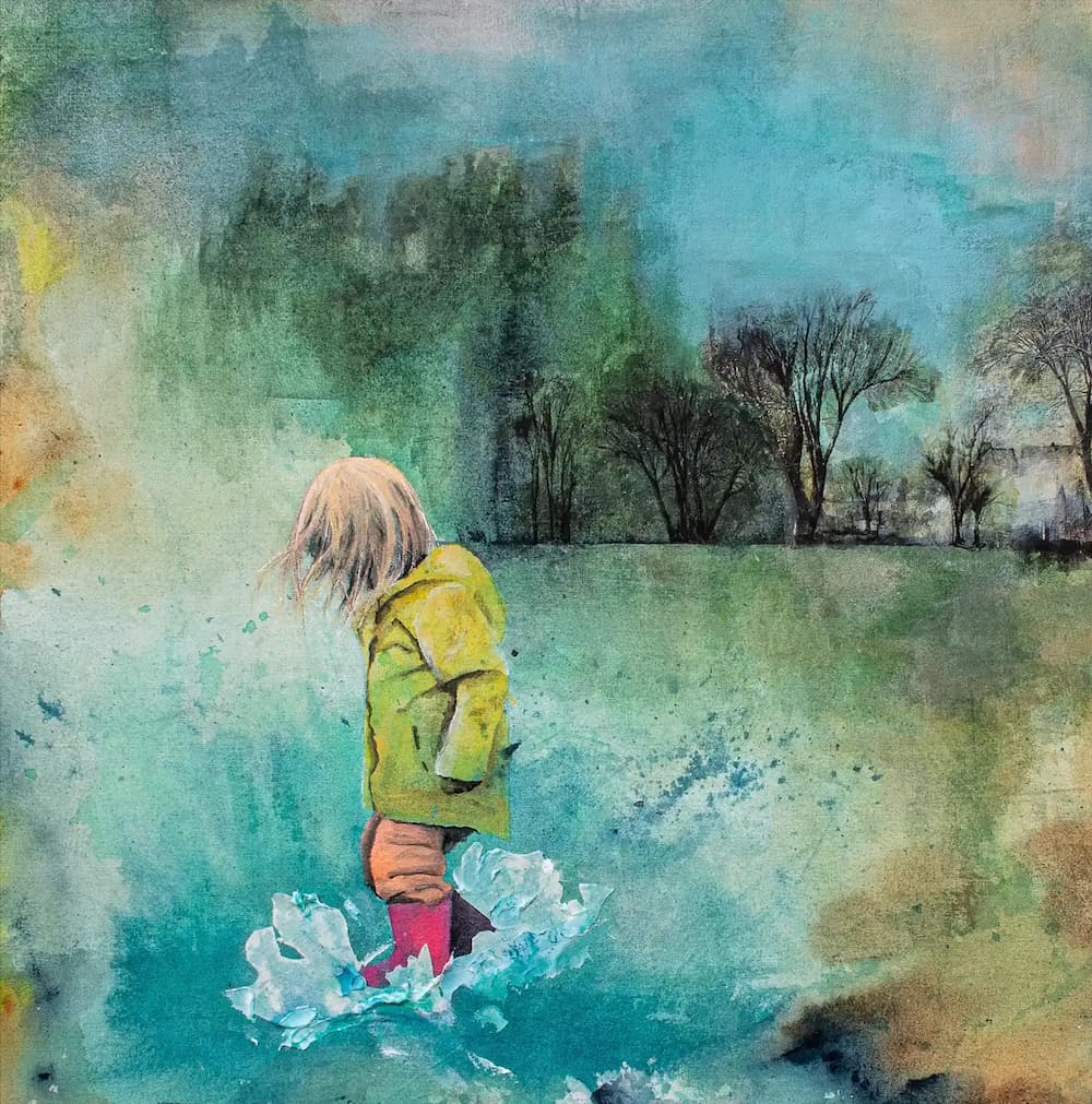 Fargerik kunstplakat av barn som hopper i søleytt