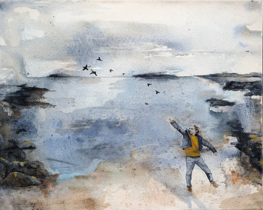 Semi abstrakt kunst av kristiane eikeland. Havlandskap med barn oi blåtoner.