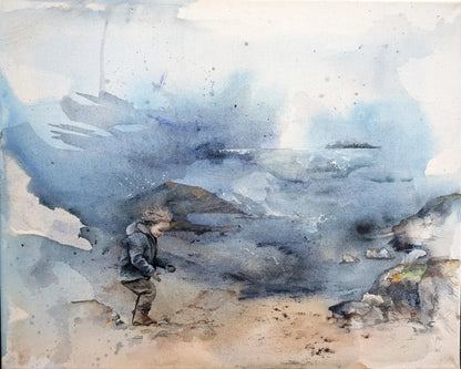 Semi abstrakt kunst av kristiane eikeland. Natur: Havlandskap med barn i blåtoner.