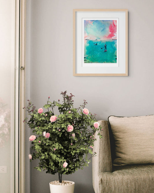 inrammet kunsttrykk i blått og rosa