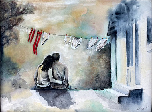 Maleri: Med trusene som anstand